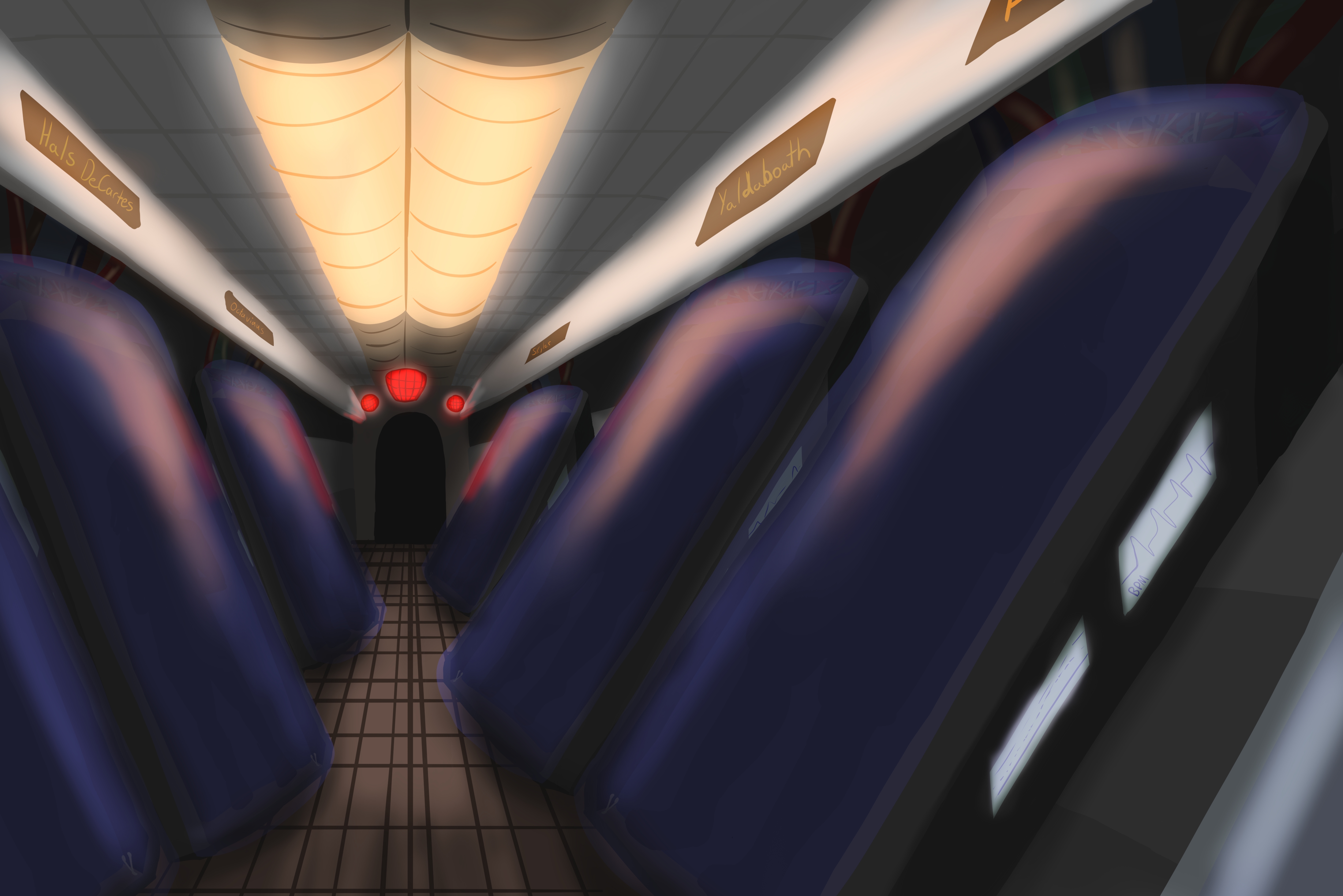 A series of VR pods lining a dimly lit hallway